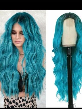 Vibrant Teal Long Wavy Women’s Wig - Lace Front